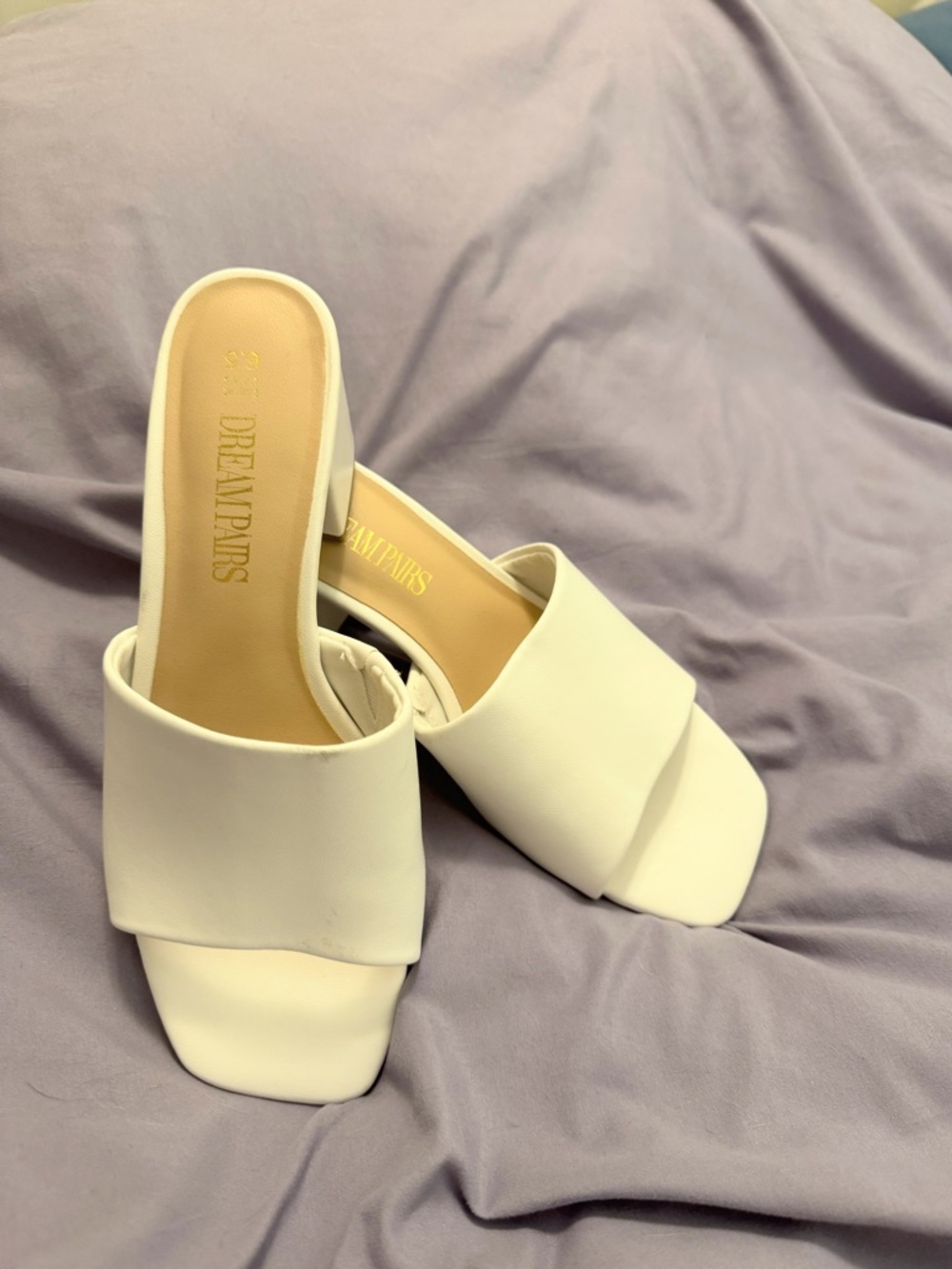 White Square Open Toe Wide-Band Slide Mules Sandals Block Chunky Heel 6.5